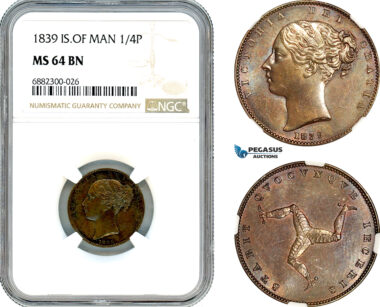 AJ477, Isle of Man, Victoria, Farthing (1/4 Penny) 1839, NGC MS64BN