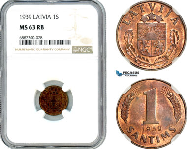 AJ479, Latvia, 1 Santims 1939, Riga Mint, NGC MS63RB