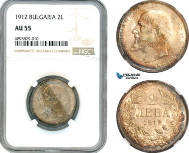 AJ498, Bulgaria, Ferdinand I, 2 Leva 1912, Kremnitz Mint, Silver, NGC AU55