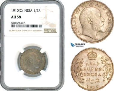 AJ503, India (British) Edward VII, 1/2 Rupee 1910 C, Calcultta Mint, Silver, NGC AU58