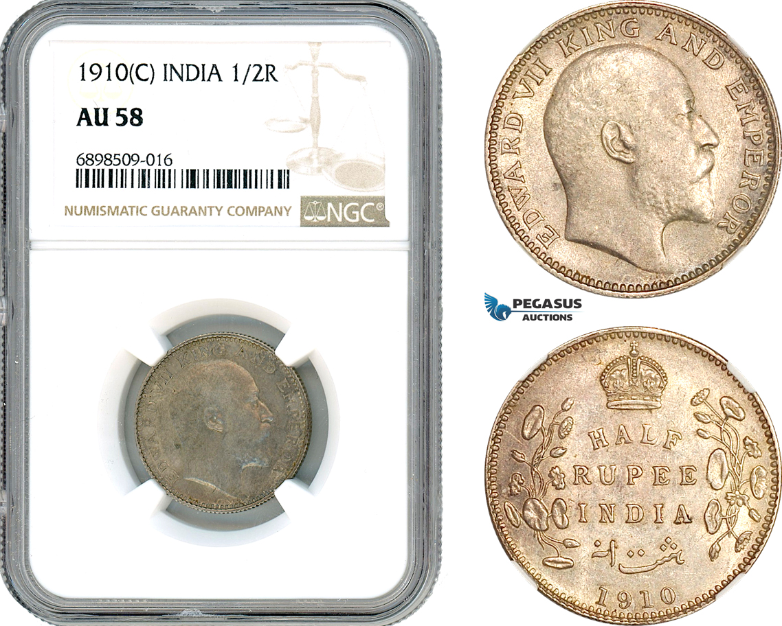 AJ503, India (British) Edward VII, 1/2 Rupee 1910 C, Calcultta Mint, Silver, NGC AU58