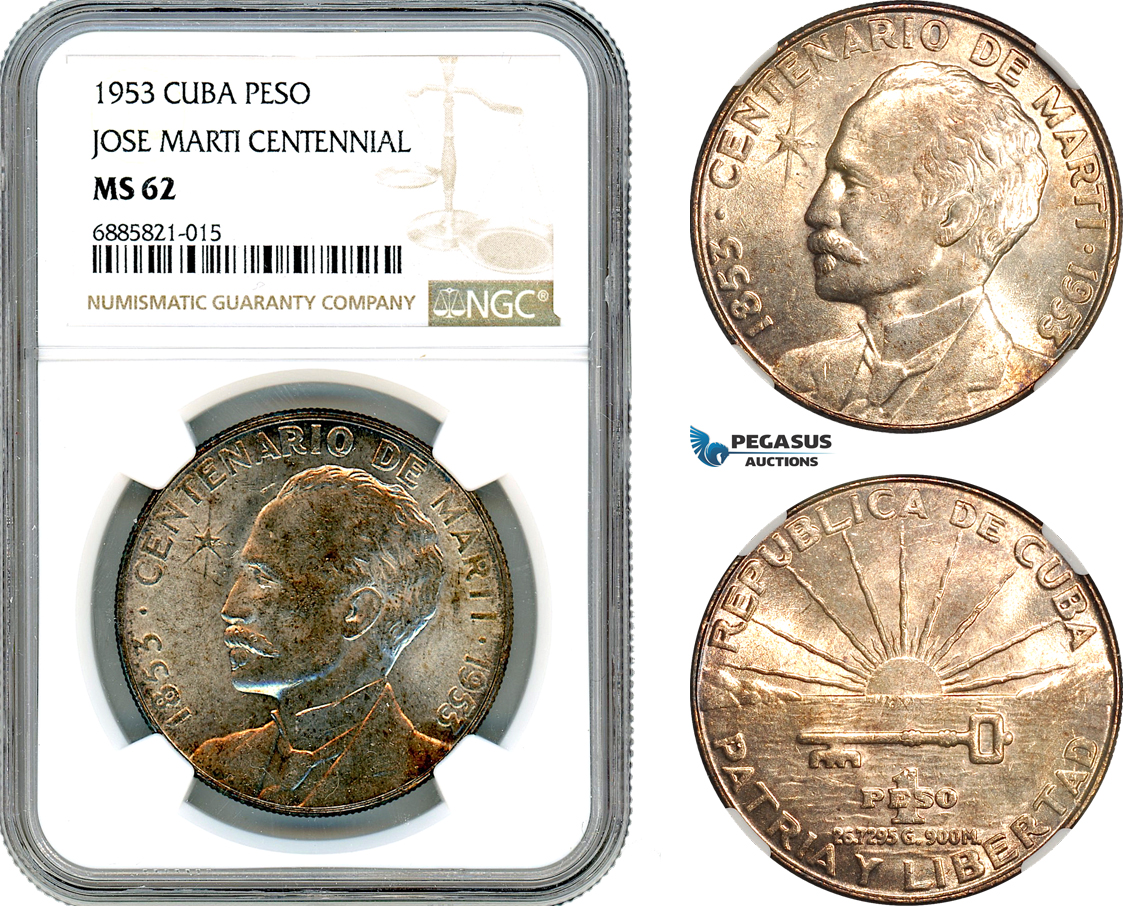 AJ518, Cuba, 1 Peso 1953, Jose Marti Centennial, Silver, NGC MS62