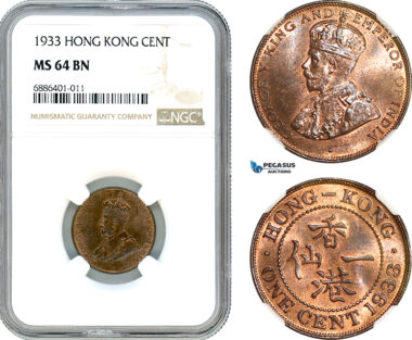 AJ524, Hong Kong, George V, 1 Cent 1933, London Mint, NGC MS64BN