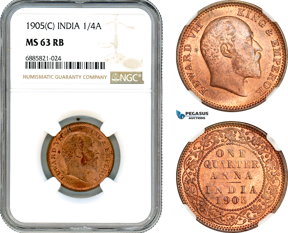 AJ527, India (British) Edward VII, 1/4 Anna 1905 C, Calcutta Mint, NGC MS63RB