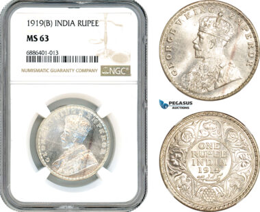 AJ528, India (British) George V, 1 Rupee 1919 B, Bombay Mint, Silver, NGC MS63