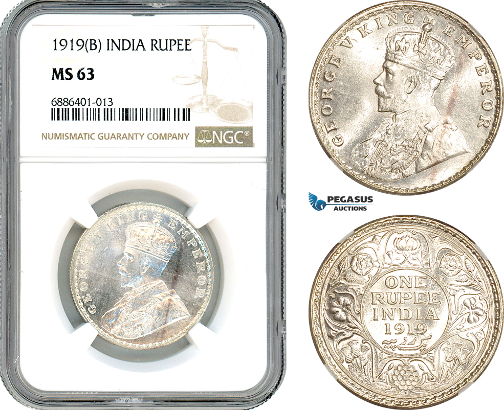 AJ528, India (British) George V, 1 Rupee 1919 B, Bombay Mint, Silver, NGC MS63