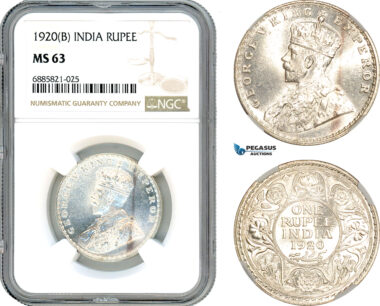 AJ529, India (British) George V, 1 Rupee 1920 B, Bombay Mint, Silver, NGC MS63