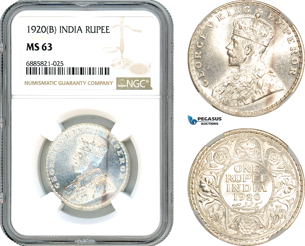 AJ529, India (British) George V, 1 Rupee 1920 B, Bombay Mint, Silver, NGC MS63