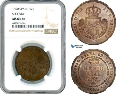 AJ546, Spain, Isabella II, 1/2 Real 1850, Segovia Mint, NGC MS63BN