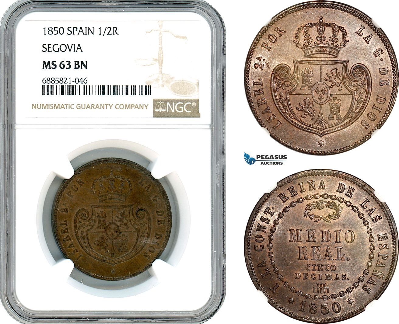 AJ546, Spain, Isabella II, 1/2 Real 1850, Segovia Mint, NGC MS63BN