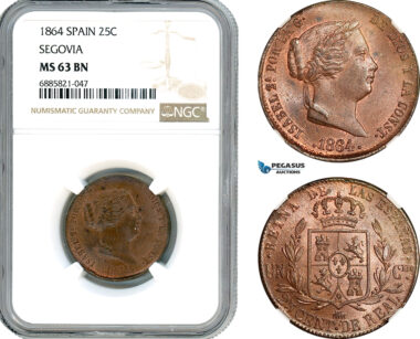 AJ547, Spain, Isabella II, 25 Centimos de Real 1864, Segovia Mint, NGC MS63BN