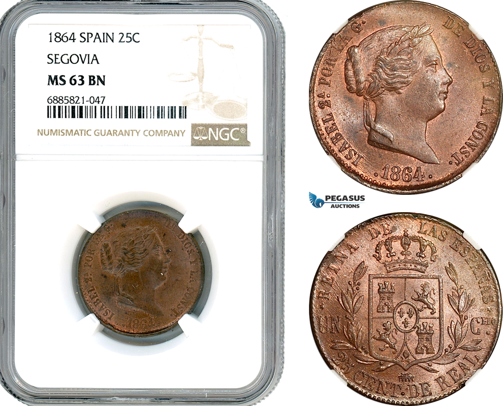 AJ547, Spain, Isabella II, 25 Centimos de Real 1864, Segovia Mint, NGC MS63BN