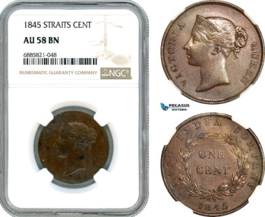 AJ548, Straits Settlements, Victoria, 1 Cent 1845, NGC AU58BN