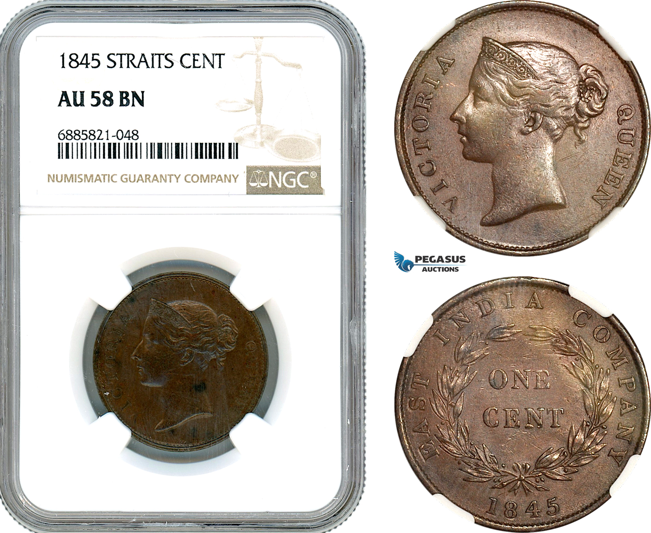 AJ548, Straits Settlements, Victoria, 1 Cent 1845, NGC AU58BN