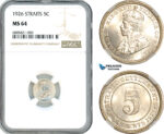 AJ549, Straits Settlements, George V, 5 Cents 1926, Silver, NGC MS64
