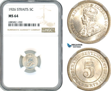 AJ549, Straits Settlements, George V, 5 Cents 1926, Silver, NGC MS64
