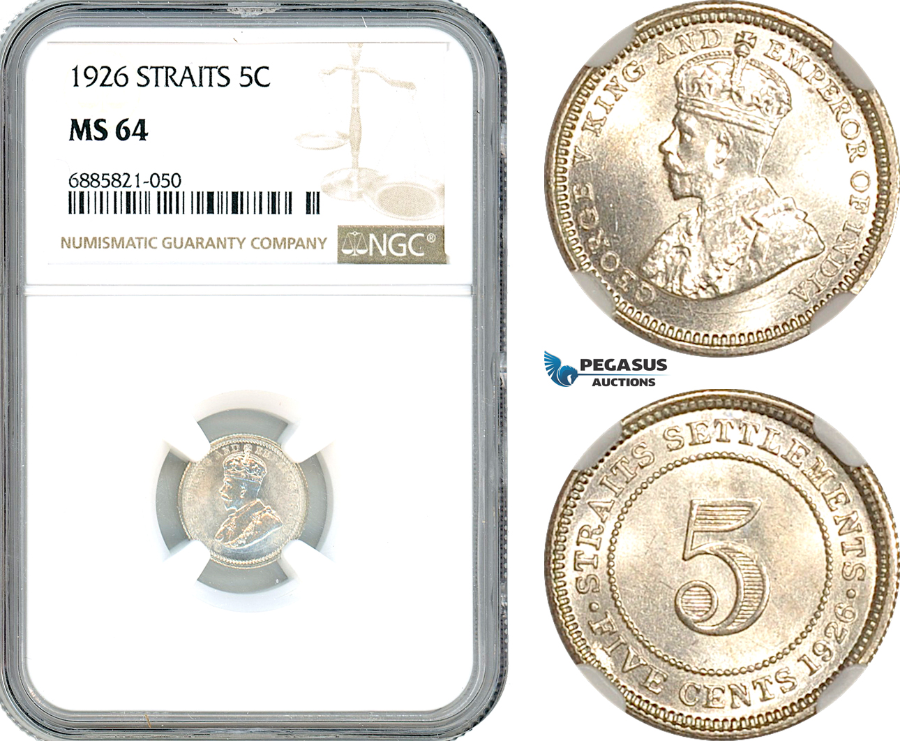 AJ549, Straits Settlements, George V, 5 Cents 1926, Silver, NGC MS64