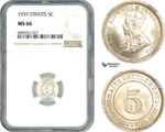 AJ550, Straits Settlements, George V, 5 Cents 1935, Silver, NGC MS66