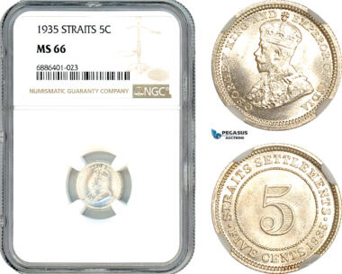 AJ550, Straits Settlements, George V, 5 Cents 1935, Silver, NGC MS66