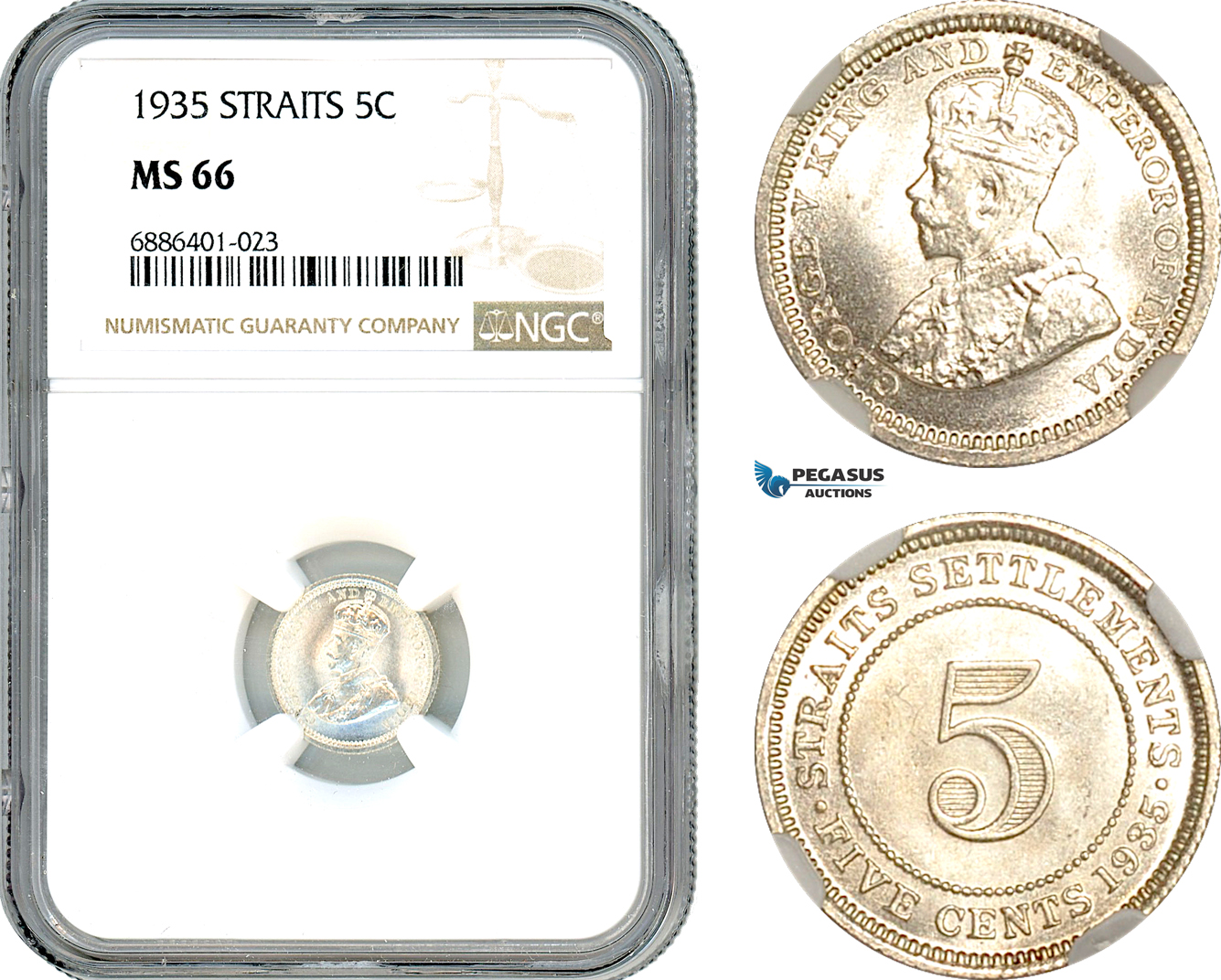 AJ550, Straits Settlements, George V, 5 Cents 1935, Silver, NGC MS66