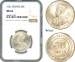 AJ551, Straits Settlements, George V, 50 Cents 1921, Silver, NGC MS63