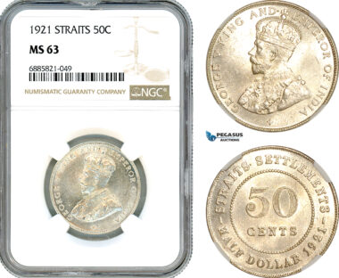 AJ551, Straits Settlements, George V, 50 Cents 1921, Silver, NGC MS63