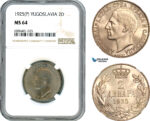 AJ553, Yugoslavia, Alexander I, 2 Dinara 1925 P, Poissy Mint, NGC MS64