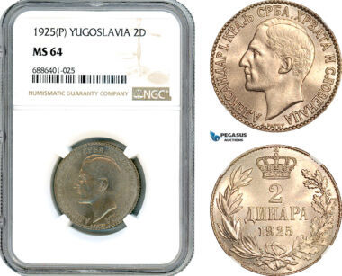AJ553, Yugoslavia, Alexander I, 2 Dinara 1925 P, Poissy Mint, NGC MS64