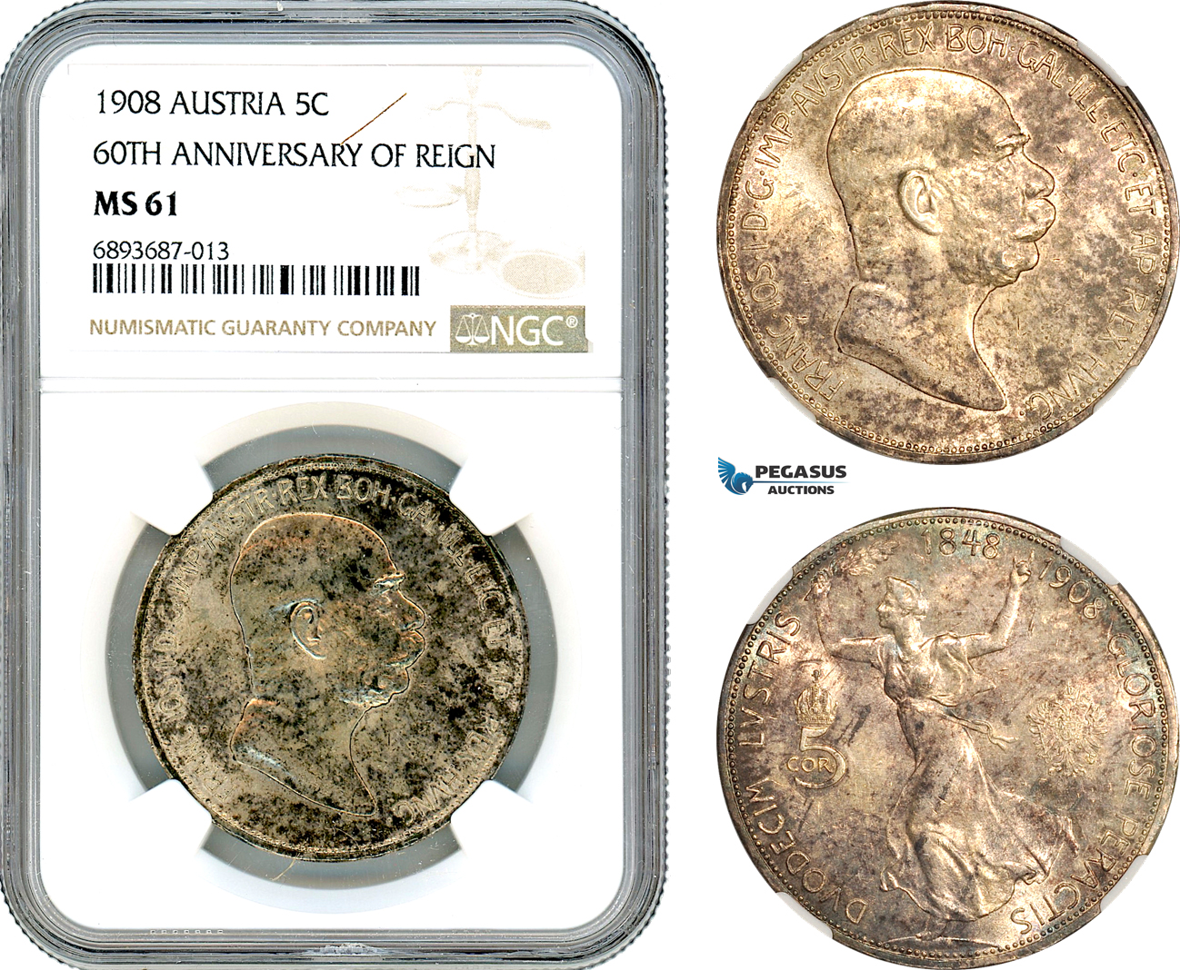 AJ554, Austria, Franz Joseph, "60TH ANNIVERSARY OF REIGN" 5 Corona 1908, Vienna Mint, Silver, NGC MS61