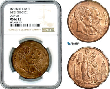 AJ555, Belgium, Leopold II, 5 Francs 1880 Copper Medallic Issue, 50 Years of Belgian Independence, NGC MS65RB