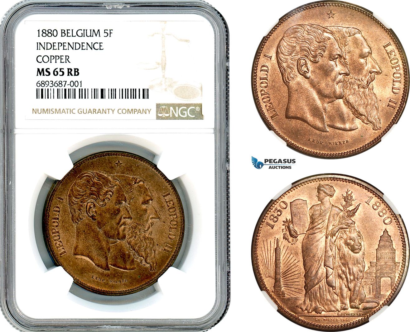 AJ555, Belgium, Leopold II, 5 Francs 1880 Copper Medallic Issue, 50 Years of Belgian Independence, NGC MS65RB