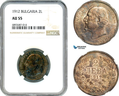 AJ557, Bulgaria, Ferdinand I, 2 Leva 1912, Kremnitz Mint, Silver, NGC AU55