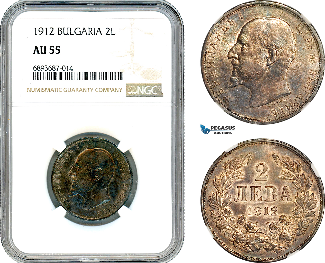 AJ557, Bulgaria, Ferdinand I, 2 Leva 1912, Kremnitz Mint, Silver, NGC AU55