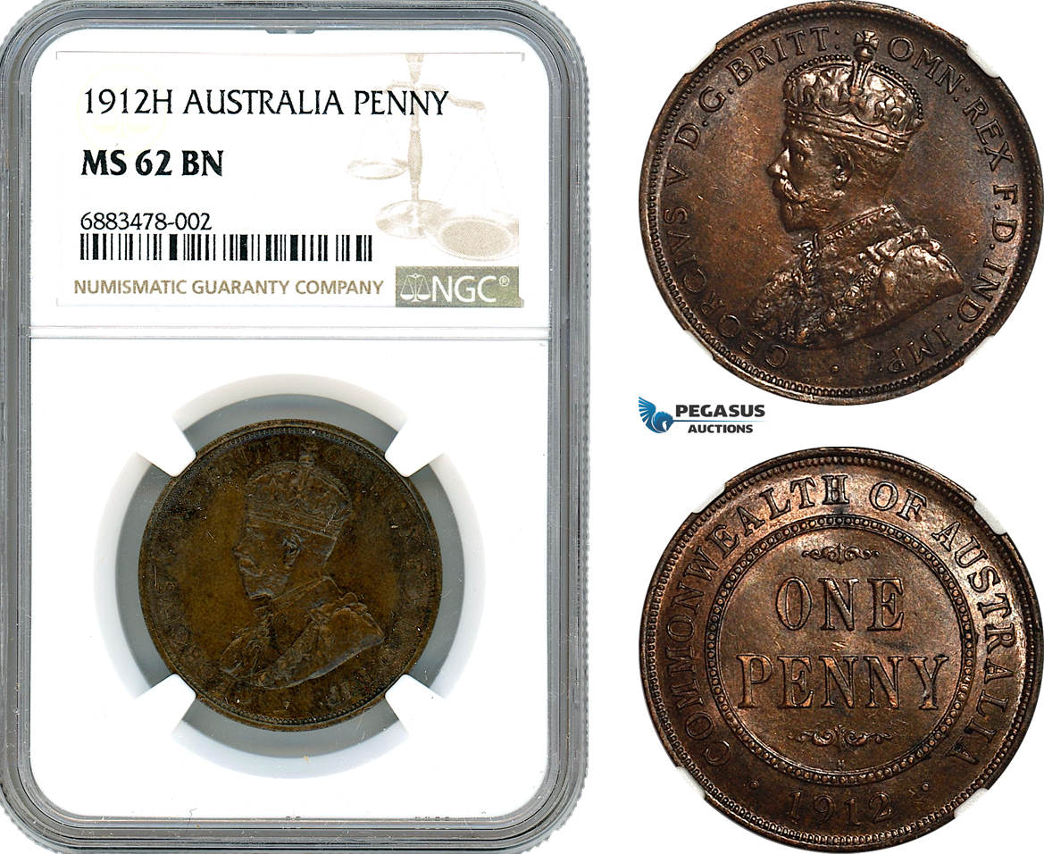 AJ568, Australia. George V, 1 Penny 1912 H, Heaton Mint, NGC MS62BN