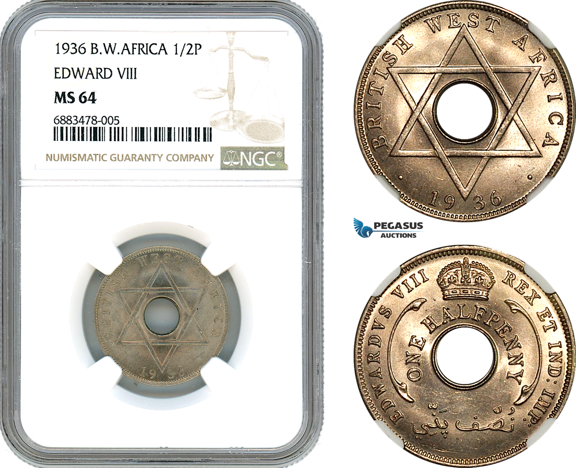 AJ571, British West Africa, Edward VIII, 1/2 Penny 1936, London Mint, NGC MS64