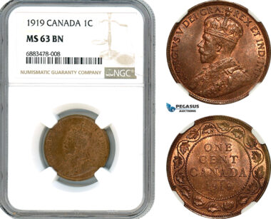 AJ573, Canada, George V, 1 Cent 1919, Ottawa Mint, NGC MS63BN