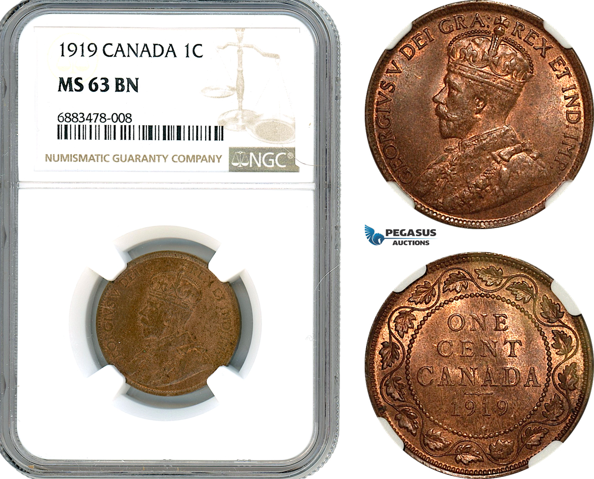 AJ573, Canada, George V, 1 Cent 1919, Ottawa Mint, NGC MS63BN