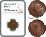 AJ574, Ceylon, Victoria, 1 Cent 1892, Calcutta Mint, NGC MS63BN