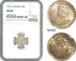 AJ575, Ceylon, George V, 10 Cents 1911, London Mint, Silver, NGC AU58