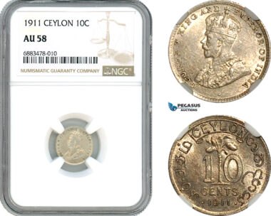 AJ575, Ceylon, George V, 10 Cents 1911, London Mint, Silver, NGC AU58