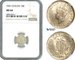 AJ576, Ceylon, George VI, 10 Cents 1941, Calcutta Mint, Silver, NGC MS64