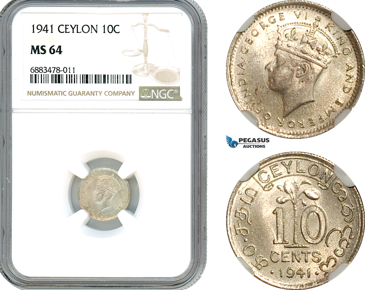 AJ576, Ceylon, George VI, 10 Cents 1941, Calcutta Mint, Silver, NGC MS64
