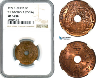 AJ584, French Indo-China, 1 Cent 1922, Thunderbolt, Poissy Mint, NGC MS64RB