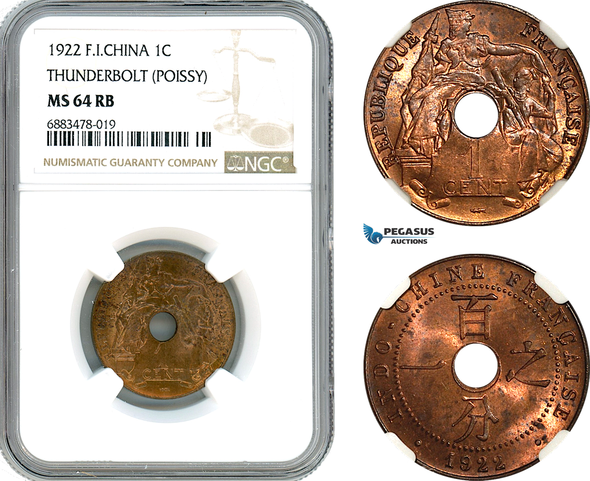AJ584, French Indo-China, 1 Cent 1922, Thunderbolt, Poissy Mint, NGC MS64RB