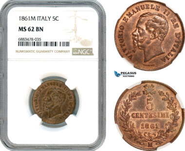 AJ597, Italy, Vitt. Emanuele II, 5 Centesimi 1861 M, Milan Mint, NGC MS62BN
