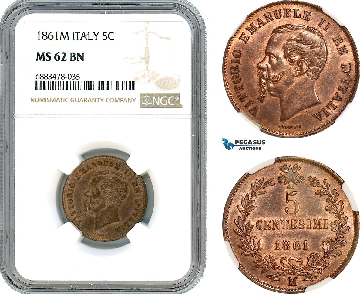 AJ597, Italy, Vitt. Emanuele II, 5 Centesimi 1861 M, Milan Mint, NGC MS62BN