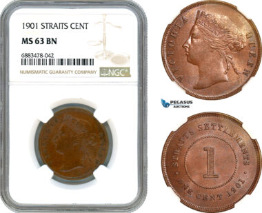 AJ601, Straits Settlements, Victoria, 1 Cent 1901, London Mint, NGC MS63BN