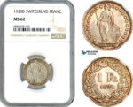 AJ602, Switzerland, 1 Franc 1920 B, Bern Mint, Silver, NGC MS62