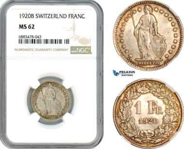AJ602, Switzerland, 1 Franc 1920 B, Bern Mint, Silver, NGC MS62