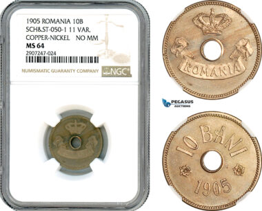AJ603, Romania, Carol I, Pattern 10 Bani 1905, Brussels Mint, Schäffer/Stambuliu 050-1 11 var., Copper-Nickel Variant, NGC MS64, Rare!